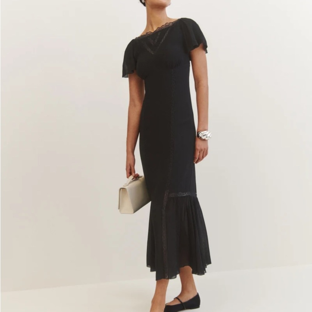 Reformation Black Midi Dress with Lace Detail